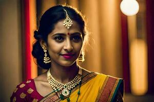 uma lindo indiano noiva dentro uma amarelo sári. gerado por IA foto