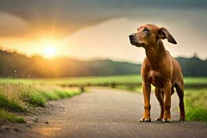 uma cachorro em pé em uma estrada às pôr do sol. gerado por IA foto