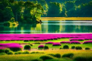 uma lago e roxa flores dentro a primeiro plano. gerado por IA foto