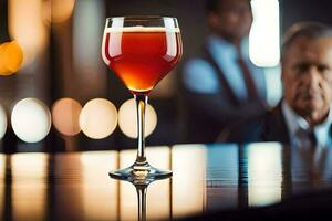 uma vidro do vinho sentado em uma mesa dentro uma bar. gerado por IA foto