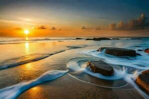a Sol sobe sobre a oceano dentro isto lindo foto. gerado por IA foto