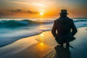 uma homem dentro uma chapéu sentado em a de praia assistindo a pôr do sol. gerado por IA foto