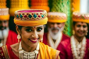 uma mulher dentro tradicional indiano vestuário sorrisos para a Câmera. gerado por IA foto