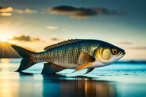 uma peixe é em pé em a de praia às pôr do sol. gerado por IA foto