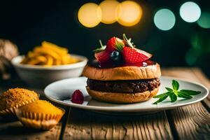 uma Hamburger com bagas e uma copo do café. gerado por IA foto