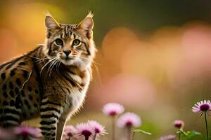 uma gato é em pé dentro a meio do uma campo do flores gerado por IA foto