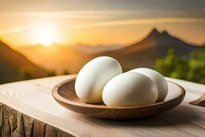 três ovos dentro uma de madeira tigela em uma mesa com montanhas dentro a fundo. gerado por IA foto