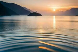 pôr do sol sobre a lago. gerado por IA foto