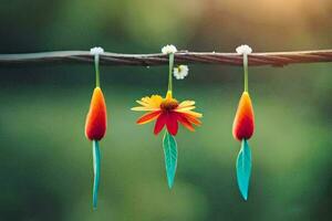 três colorida flores suspensão a partir de uma arame. gerado por IA foto