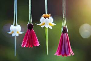 três flores suspensão a partir de cordas com uma verde fundo. gerado por IA foto