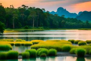 uma lindo pôr do sol sobre uma lago com Relva e árvores gerado por IA foto