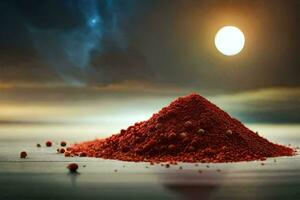uma pilha do vermelho pó em uma mesa com uma cheio lua dentro a fundo. gerado por IA foto
