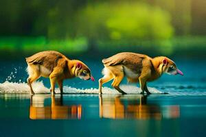 dois animais caminhando através uma lago. gerado por IA foto