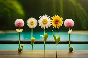 quatro flores estão sentado em uma de madeira mesa perto uma piscina. gerado por IA foto