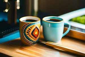 dois café copos em uma mesa com uma café criador. gerado por IA foto