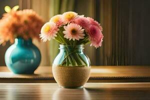 uma vaso com Rosa flores sentado em uma mesa. gerado por IA foto