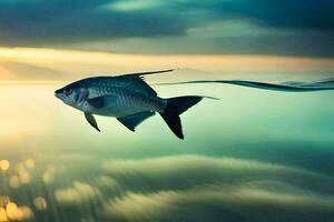 uma peixe natação dentro a oceano às pôr do sol. gerado por IA foto