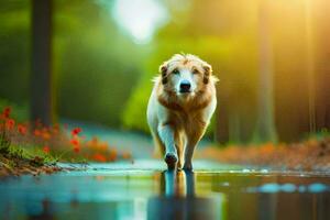 foto papel de parede a cachorro, natureza, floresta, água, cachorro, dourado recuperador, andando,. gerado por IA