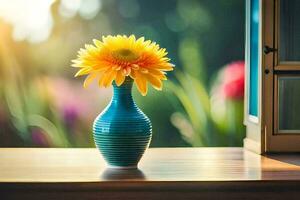 uma amarelo flor dentro uma azul vaso em uma mesa. gerado por IA foto