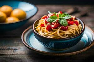 espaguete com tomates e manjericão folhas dentro uma tigela. gerado por IA foto