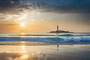 a Sol sobe sobre a oceano e uma farol. gerado por IA foto