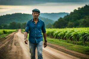 uma homem caminhando baixa uma sujeira estrada dentro frente do uma cana de açúcar campo. gerado por IA foto