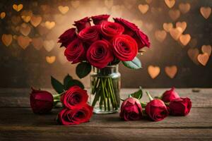 vermelho rosas dentro uma vaso em uma de madeira mesa com corações dentro a fundo. gerado por IA foto