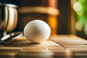 a ovo sentado em uma mesa Próximo para uma metal tigela. gerado por IA foto