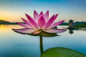 uma Rosa lótus flor é visto dentro frente do uma lago. gerado por IA foto