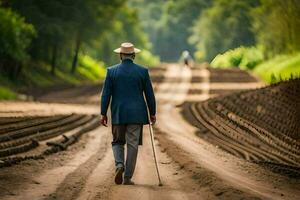 uma homem caminhando baixa uma sujeira estrada com uma bengala. gerado por IA foto