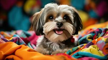 shih tzu com uma brincalhão topete, sentado em uma colorida cobertor foto