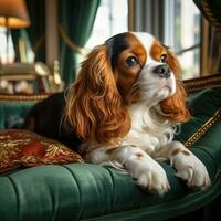 descuidado rei Charles spaniel com uma régio e refinado aparar foto