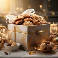 uma ouro presente caixa com biscoitos em isto cercado de alguns taças foto