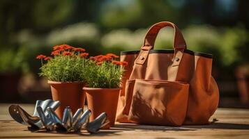 jardinagem - conjunto do Ferramentas para jardineiro e vasos de flores fechar-se foto