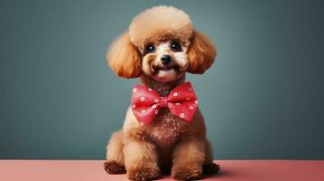 poodle com uma clássico verão corte, sentado bonita com uma vermelho arco foto