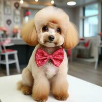 poodle com uma clássico verão corte, sentado bonita com uma vermelho arco foto