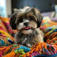 shih tzu com uma brincalhão topete, sentado em uma colorida cobertor foto