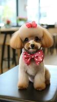 poodle com uma clássico verão corte, sentado bonita com uma vermelho arco foto