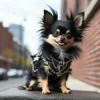 chihuahua com uma corajoso e Diversão moicano corte, em pé em uma tijolo parede foto