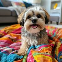 shih tzu com uma brincalhão topete, sentado em uma colorida cobertor foto