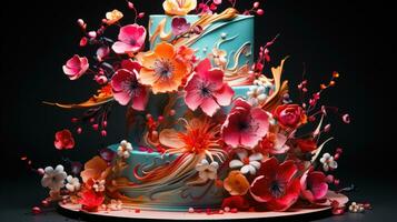 comestível arte e culinária excelência uma mandíbula caindo bolo escultura com em cascata flores ai gerado foto