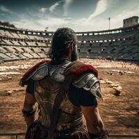 viking gladiador dentro Pós-apocalíptico romano arena. generativo ai. foto