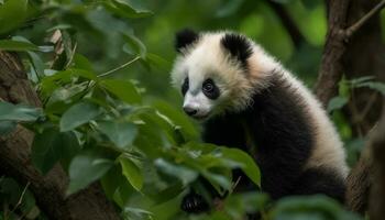 fofa panda sentado em uma ramo dentro uma tropical floresta tropical gerado de ai foto
