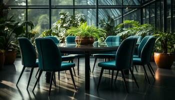 moderno escritório com elegante mobília, verde plantas, e confortável assentos gerado de ai foto