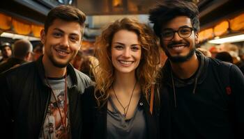 sorridente homens e mulheres, felicidade, alegre estilos de vida, olhando às Câmera gerado de ai foto