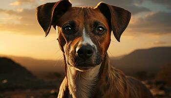 fofa cachorro olhando às pôr do sol, de raça pura cachorro dentro natureza gerado de ai foto