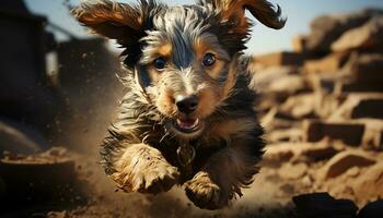 uma fofa cachorro sentado, olhando às Câmera, jogando dentro natureza gerado de ai foto