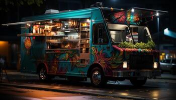 período noturno cidade vida iluminado de vibrante cores do carros e ônibus gerado de ai foto