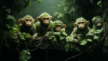 fofa macaco família sentado em árvore dentro tropical floresta tropical gerado de ai foto