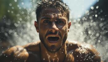 uma alegre, molhado, e brincalhão homem gritos com felicidade dentro água gerado de ai foto